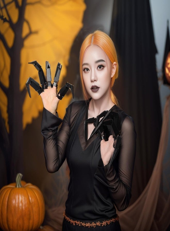 Hftjtsa Halloween Articulated Finger Extensions with Gloves 3D Printed Flexible Finger Scary Skeleton Bone Claw Hand for Cosplay - One Pair Black Halloween Devil Claws - Image 5
